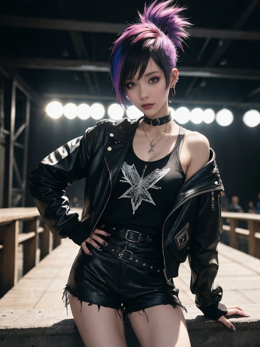 (masterpiece:1.4), (best quality:1.4), ultra high res, ultra high resolution, ((ultra detailed facial features)), HDR, (realistic, photorealistic, photo-realistic:1.37), 1 girl, full body Esbian, sexy Japanese male, (-anime), vivid colors, ((vivid colors multicolor (Visual Kei style very short hair))), (big smile), ultra detailed heavy eye-makeup, bold lip-color, long lashes, defined eyebrows, wearing large dramatic Visual Kei jewelery, wearing a Visual Kei cosplay, ((vivid Visual Kei outfit)), layered clothing, look at the camera, cinematic light, rockstar festival stage background with multicolor lights, sweet and sexy pose