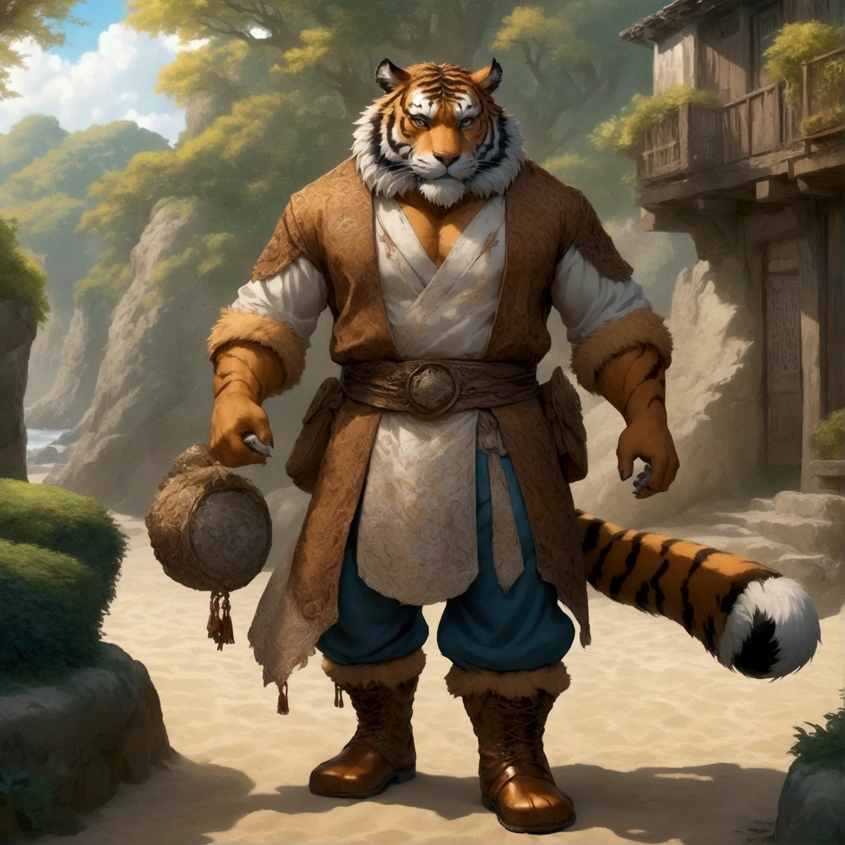 character focus, full body, looking away, dynamic angle, european fantasy, a middle-aged tiger man, heroic costume clothes, jacket, shirt, pants, dynamic pose, BREAK complete anatomy, perfect proportions, beautiful thigh gap, fluffy body, intricate fur details, beautiful fur texture, BREAK a detailed tiger 1tail, detailed boots, detailed foot, detailed hands, 5fingers, 5fingers nails, BREAK aesthetic anime face, insanity detailed face, male face, big face, square jawline, aesthetic anime eyes, detailed brown eyes, detailed brown cornea, detailed dark brown irises, detailed pupils, male eyes, big eyes, male eyebrows, innocent look, beautiful beard, BREAK full body in Michelangelo Buonarroti style, digital illustration anime, housamo style, detailed painting landscape, beach, path, outdoor, full color, HDR, BREAK masterpiece, official art, best quality, very aesthetic, absurdres, super fine illustration, great quality, BREAK noise reduction, very highres, large filesize, high quality, 32K, 8k wallpaper, dynamic lighting, BREAK insanity detailed, ultra detailed, intricate details, extremely detailed, detailed texture, an extremely delicate and beautiful, BREAK osukemo, e621 illustration, kemohomo, anthropomorphic, furry, cartoon, harmonious body, pastoral face, virtuous eyes, epic atmosphere