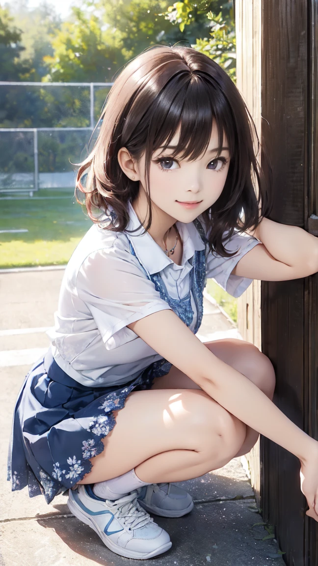 ************、brown haired、beautidful eyes、real looking skin、hi-school girl、small tits、(8K、​masterpiece)、(reallistic、フォトreallistic)、top-quality、ighly detailed、The ultra-detailliert、Beautie、cute little、japanes、A smile、Close-up portrait、Healthy face、School uniform、plaid skirts