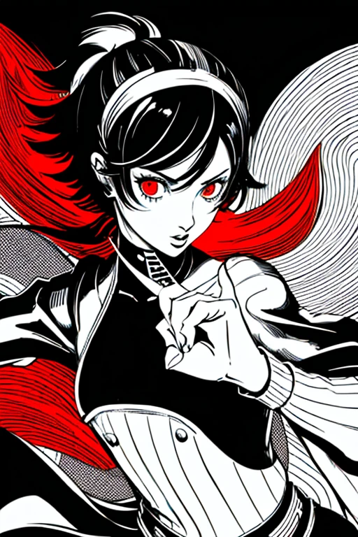 red_black_white,(masterpiece, highest quality:1.3), 1 girl, cel shading, bold outline, flat color, sharp shadow, graphic style, (Manga influence), beautiful line drawing, (striking visuals),colorful background