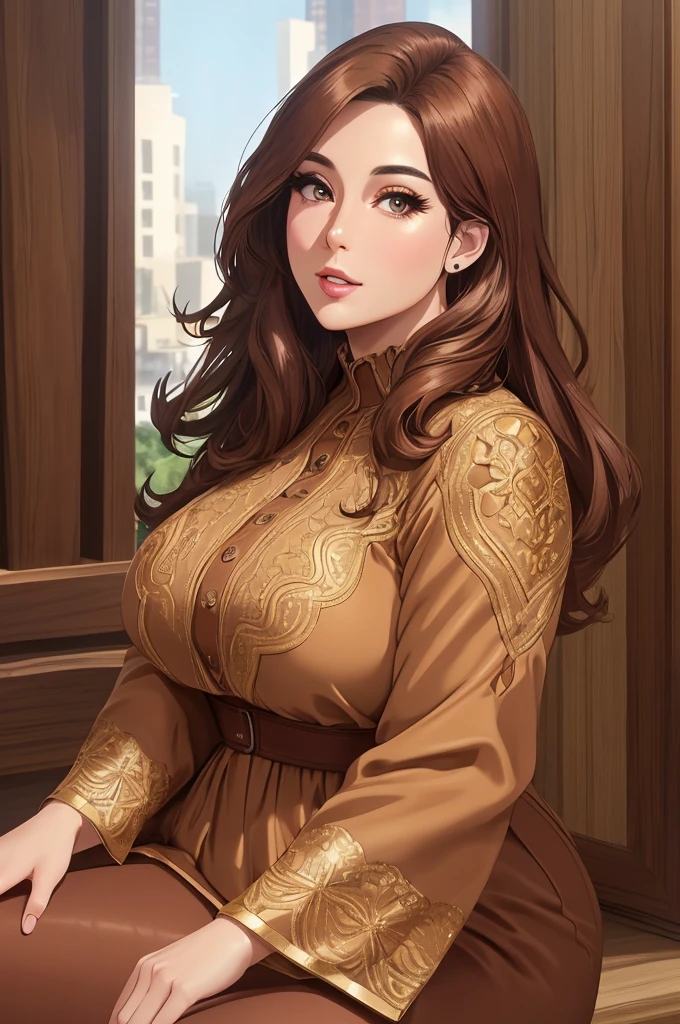 a thick, plus size woman in a brown dress and boots, beautiful detailed eyes, beautiful detailed lips, extremely detailed eyes and face, long eyelashes, brown skin, wears brown boots, posed for a picture, inspired by Nyuju Stumpy Brown and Esaias Boursse, dark brown duster, black and brown colors, (best quality,4k,8k,highres,masterpiece:1.2),ultra-detailed,(realistic,photorealistic,photo-realistic:1.37),HDR,UHD,studio lighting,ultra-fine painting,sharp focus,physically-based rendering,extreme detail description,professional,vivid colors,bokeh,plus size,brown body,brown:-2