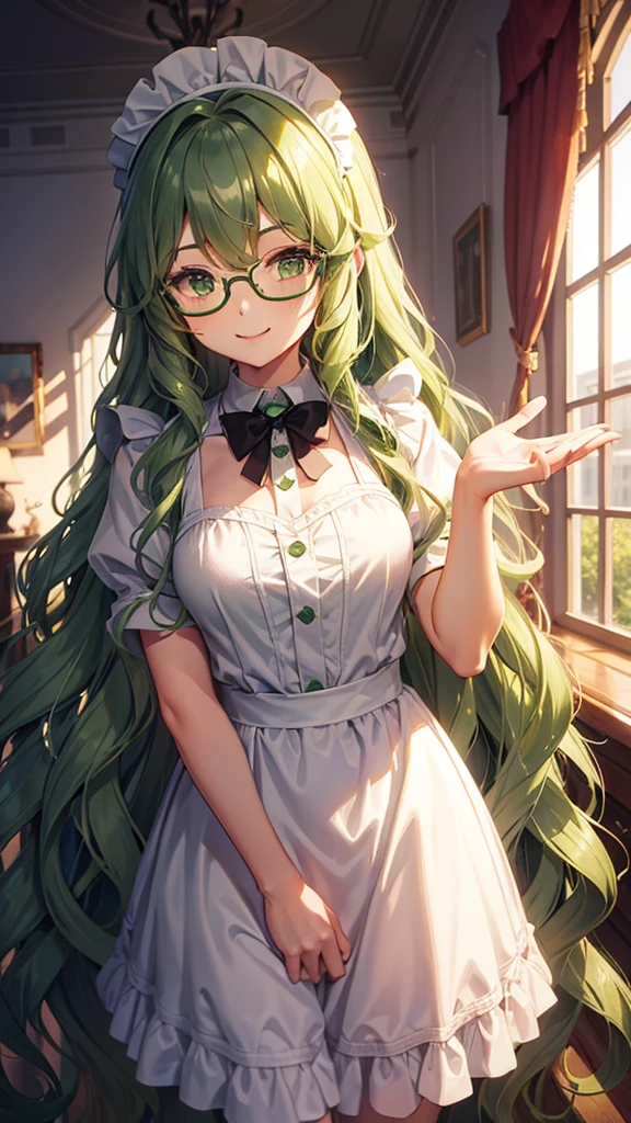 masterpiece, best quality, high quality, beautiful woman, 1 girl, (green wavy medium hair: 1.2), green hair, green eyes, (glasses)), medium breasts, shiny skin, light smile, cowboy shot, maid,