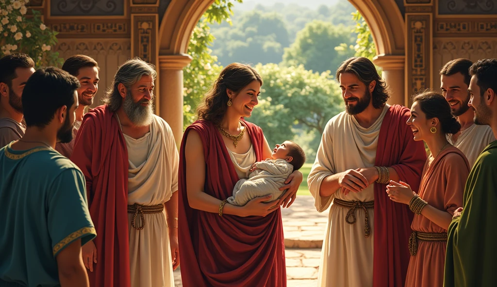 There is a big palace. In that palace there is a woman wearing colorful clothes and a born child in her hand. There is a man standing with her who is 30 years old and in front of them there is a big sea in which she can see the born child. hands forward and drop down