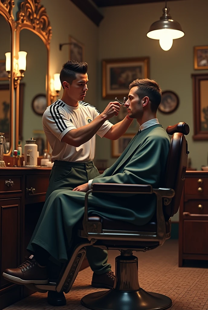 "Generate a hyper-realistic image of Cristiano Ronaldo, wearing his team football jersey, skillfully cutting a customer's hair in a classic, vintage-style vilege The scene should capture fine details like the barber tools in his hands, the expressions on both Ronaldo and the customer's faces, and the cozy ambiance of the barbershop with mirrors, chairs, and decor in the background."