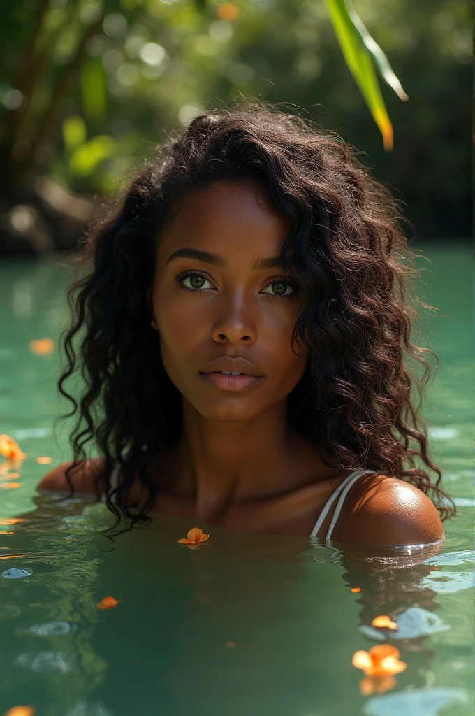 dark complexion, woman around 19 years old, natural black hair, distinctive green eyes, wearing a bikini, slender and voluptuous, beautiful, candlelight in a urban pool setting, ultra sharp focus, realistic shot, swimsuit female clothes, pastel colors (scar:1.4)