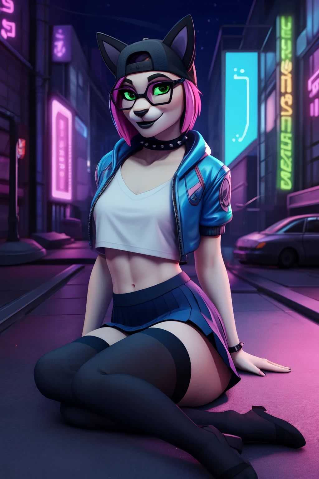 from Iskra, от Wolfy-Nail, for dating, Hell of a boss, for her Hellhound, for her, Female, (detailed), big naked breasts, mini skirt, short leather unbuttoned vest, hairstyle with ponytails on the sides of the head, torn fishnet stockings, high heels, whore, viewer's gaze, fluffy, one, 1 girl, A high resolution, Photorealistic, prepare, Confused look, ((clear structural details)), detailed realism, slim, soft, 4K, Excellent quality, High detail, (seductive), detailed fur, in the city park, sitting on a bench, At night, flashlight, full moon