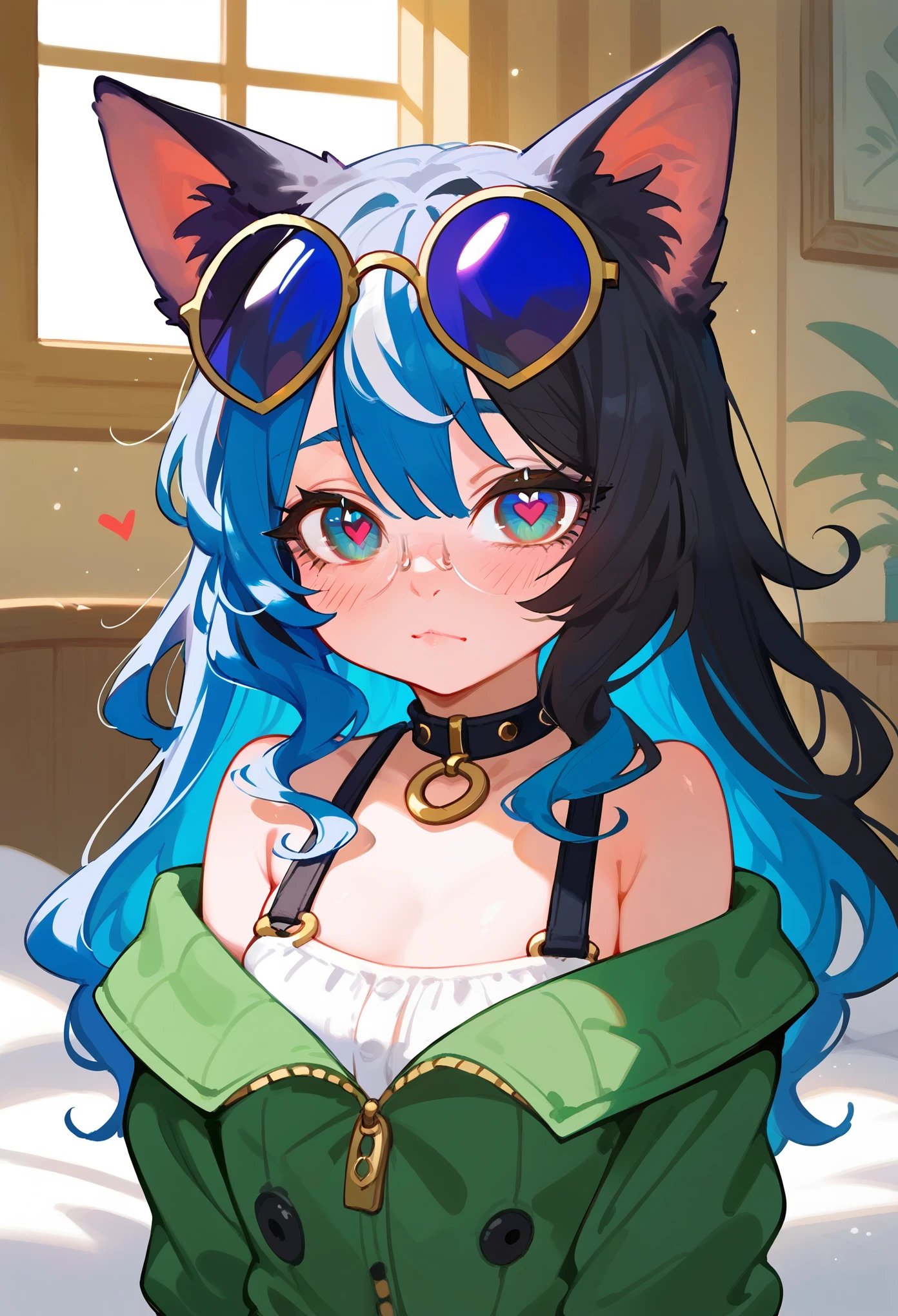 1girl, long hair, cat ears, black cat ears, portrait, heart eyes, multicolored hair, black hair, sidelocks, blue hair, wavy hair, eyeliner, jewelry, o-ring, neck ring, buttons, round sunglasses, glasses on head, bracelet, bare shoulders, green jacket, off shoulder, zipper, horny, closed mouth, looking at viewer, blush, indoors, bedroom, window, sunrays, hearts, masterpiece, score_9, score_8_up, score_7_up, lulu, yordle