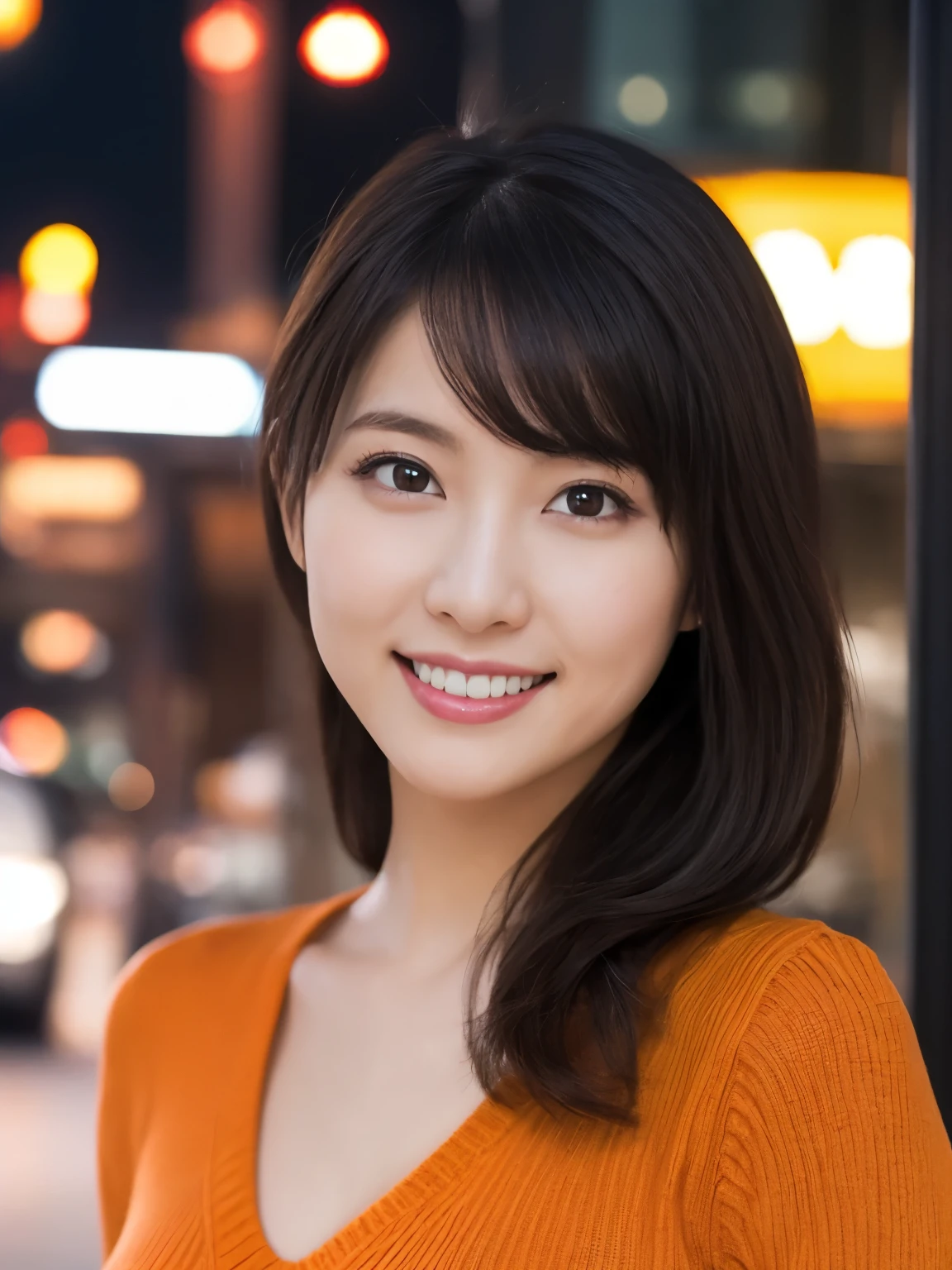 1 girl, (wearing an orange knit dress:1.2), (RAW photo, highest quality), (realistic, Photoreal:1.4), table top, very delicate and beautiful, very detailed, 2k wallpaper, wonderful, finely, very detailed CG Unity 8K wallpaper, super detailed, High resolution, soft light, beautiful detailed girl, very detailed目と顔, beautifully detailed nose, beautiful and fine eyes, cinematic lighting, city light at night, perfect anatomy, slender body, smile, Full camera perspective, face forward,