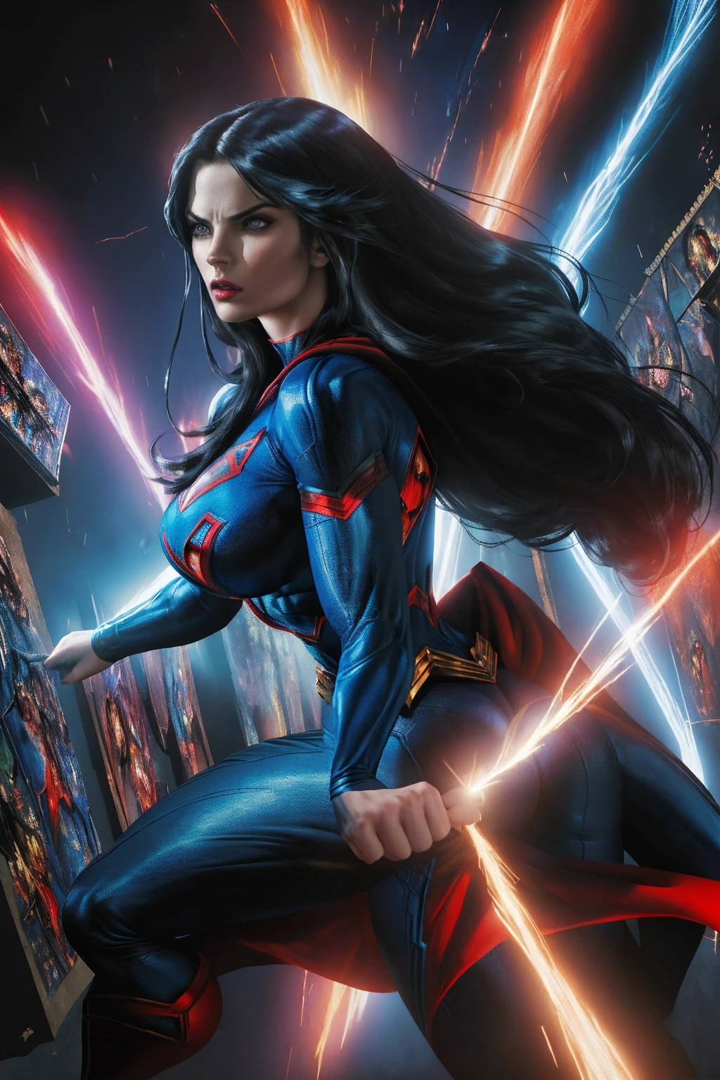 A woman with long black hair and blue eyes, wearing a red and blue superhero costume, powerful superhero pose, dynamic action scene, (best quality,4k,8k,highres,masterpiece:1.2),ultra-detailed,(comics,photocomic,photo-comic:1.37),cinematic lighting,dramatic atmosphere,vivid colors,epic fantasy,