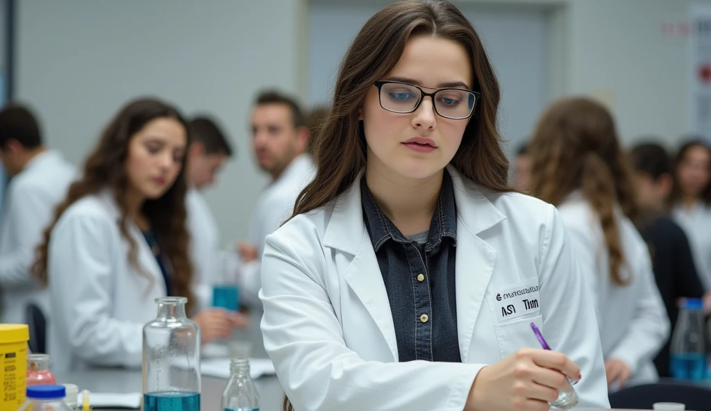 Hyper-realistic and detailed full-body Longford fat photo in a college science experiment room, with nerd glasses , wearing a white lab coat,  and several people in room , she's carrying out a science experiment on the .  perfect eyes, ( eye makeup  :1.1), (detailed skin:1.1), (perfect large ), CRU, analog style, sharp focus, 8K UHD, dslr camera,  high quality, Fujifilm XT3, grain, awarded, masterpiece.