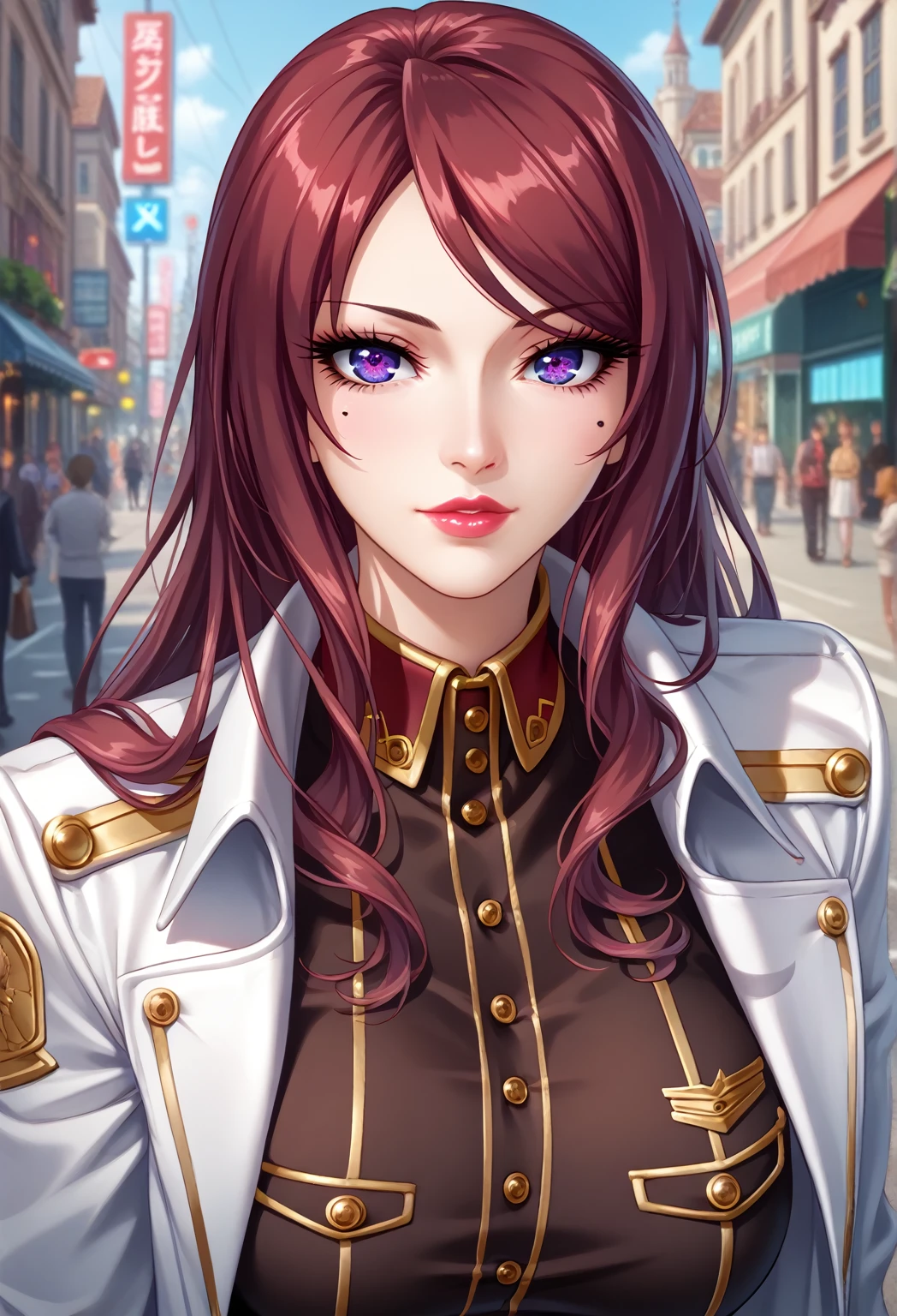 hd, highres, 8k uhd, 1girl, perfect skin, detailed clothes, perfect eyes, (best ,highly detailed face, extremely detailed eyes and face, long eyelashes, beautiful detailed eyes, beautiful detailed lips, vibrant colors, 1girl, solo, looking at viewer, , breasts,  highly detailed, extremely aesthetic, beautiful face,score_7_up,score_8_up,score_9, depth of field, exquisite, highly aesthetic, vibrant, 4k,  town, tower, street, people,  outdoors, mature female,military uniform,  thighhighs, ,Beatrice Kushan,long hair, purple eyes, lipstick, mole under eye, brown pants, thigh boots, white gloves, white coat, coat on shoulders