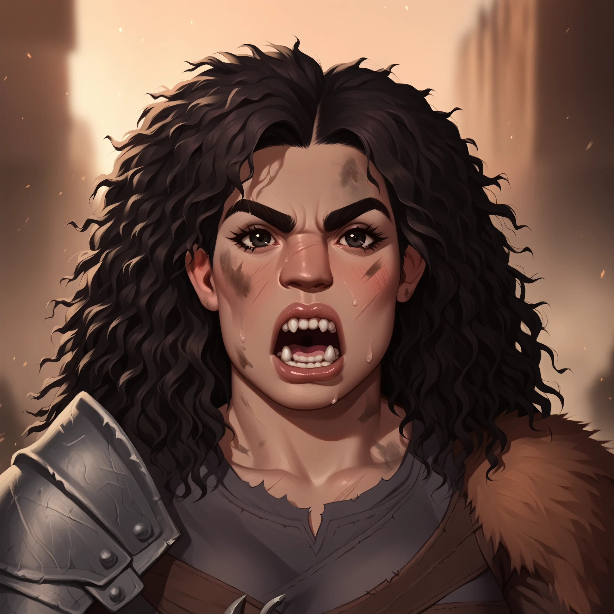 (((beautiful, high quality, detailed face))), score_9, score_8_up, score_7_up, BREAK, giant, a female barbarian:1.3, high stature, big nose:1.2, dark hair, curly hair, messy voluminous hair, (((massive muscular))), ((wide shoulder)), chubby, tanned skin, ((bushy eyebrows)), small black eyes, solo, portrait, upper body, portrait, facing viewer, Screaming, bearing teeth, angry, fury expression, ((barbarian clothes, dirty)), fantasy outside, blurred background, Expressiveh, detailxl