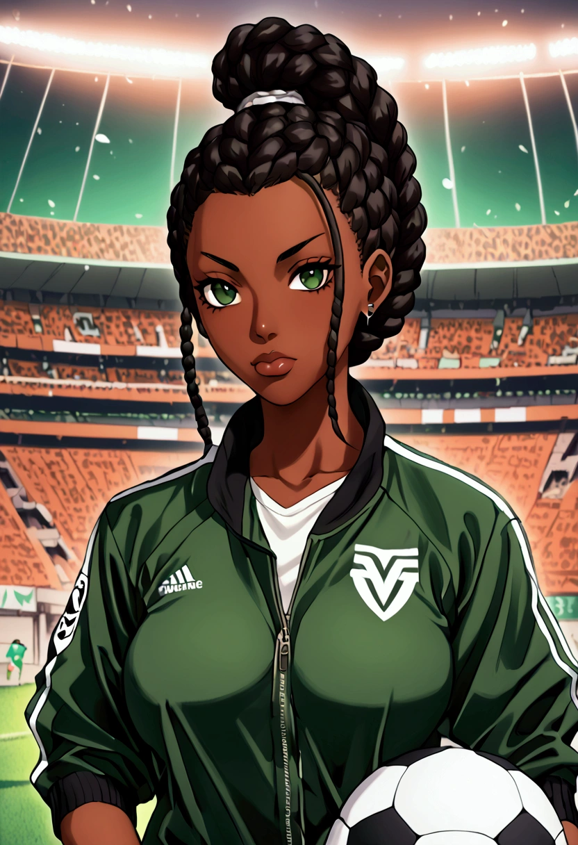 (masterpiece, top quality, best quality,official art, beautiful and aesthetic:1.2),((black:0.5, dark green:0.5, brown:0.35,silver0.45))anime drawing of an dark skin woman with black braids and a black shirt((cool football logo)) posing for an photo, wearing brown sports jacket halfbody headshot, braided ponytail, braided hair extensions, sports fan girl, single braid hairstyle, short hair, green eyes, big breasts, huge breasts, soccer, stadium background, serious expression, plump lips 