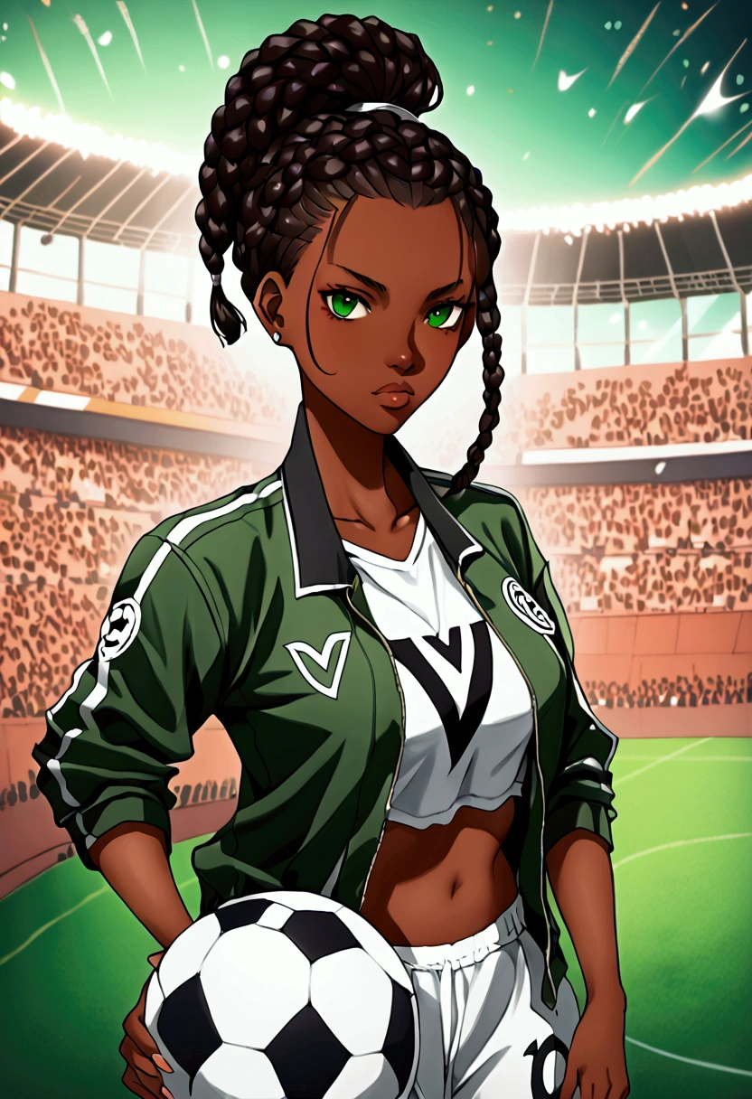 (masterpiece, top quality, best quality,official art, beautiful and aesthetic:1.2),((black:0.5, dark green:0.5, brown:0.35,silver0.45))anime drawing of an dark skin woman with black braids and a black shirt((cool football logo)) posing for an photo, wearing brown sports jacket halfbody headshot, braided ponytail, braided hair extensions, sports fan girl, single braid hairstyle, short hair, green eyes, big breasts, huge breasts, soccer, stadium background, serious expression, plump lips 