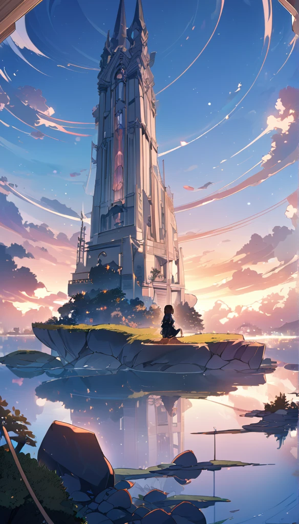 Anime girl sitting on a rock and looking at the sky,In the distance there is a tower reaching up into the sky, Shinkai Makoto cyril rolando,  Anime Art Wallpaper 4K,  Anime Art Wallpaper 4K, Cyril Rolando and Isuzu Fujita, Anime Art Wallpaper 8K, 4k anime wallpaper, Anime Wallpaper 4K, Anime Wallpaper 4K, ( ( Shinkai Makoto ) ), Shinkai Makoto!