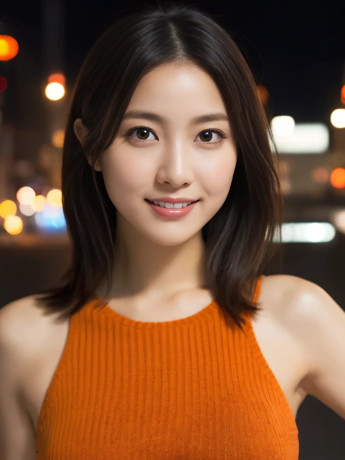 1 girl, (wearing an orange knit dress:1.2), (RAW photo, highest quality), (realistic, Photoreal:1.4), table top, very delicate and beautiful, very detailed, 2k wallpaper, wonderful, finely, very detailed CG Unity 8K wallpaper, super detailed, High resolution, soft light, beautiful detailed girl, very detailed目と顔, beautifully detailed nose, beautiful and fine eyes, cinematic lighting, city light at night, perfect anatomy, slender body, smile, Full camera perspective, face forward,