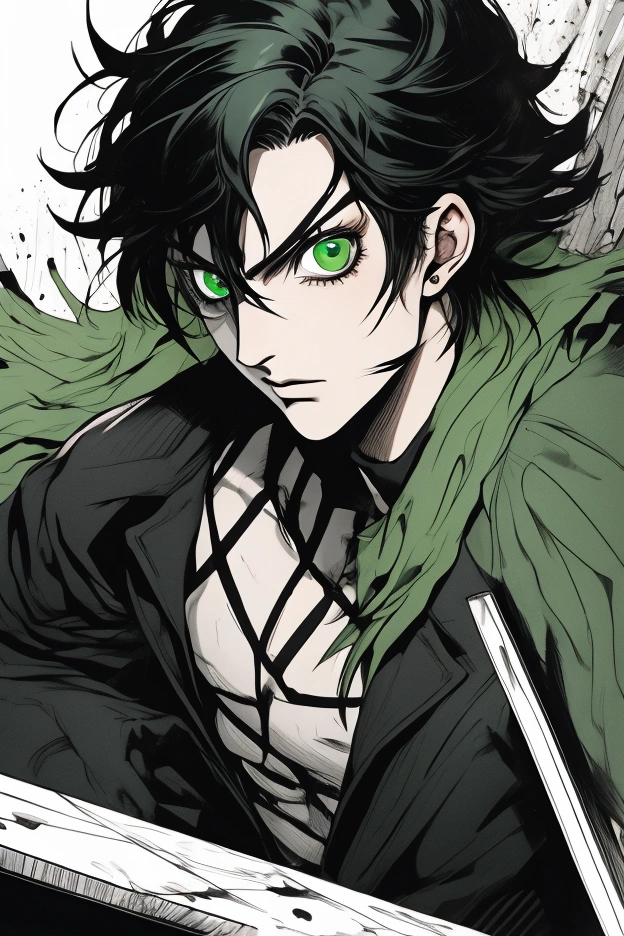 Cartoon, cold look, psychopath look, green eye, messy hair, black hair, Looking left, the coffin of andy and leyley