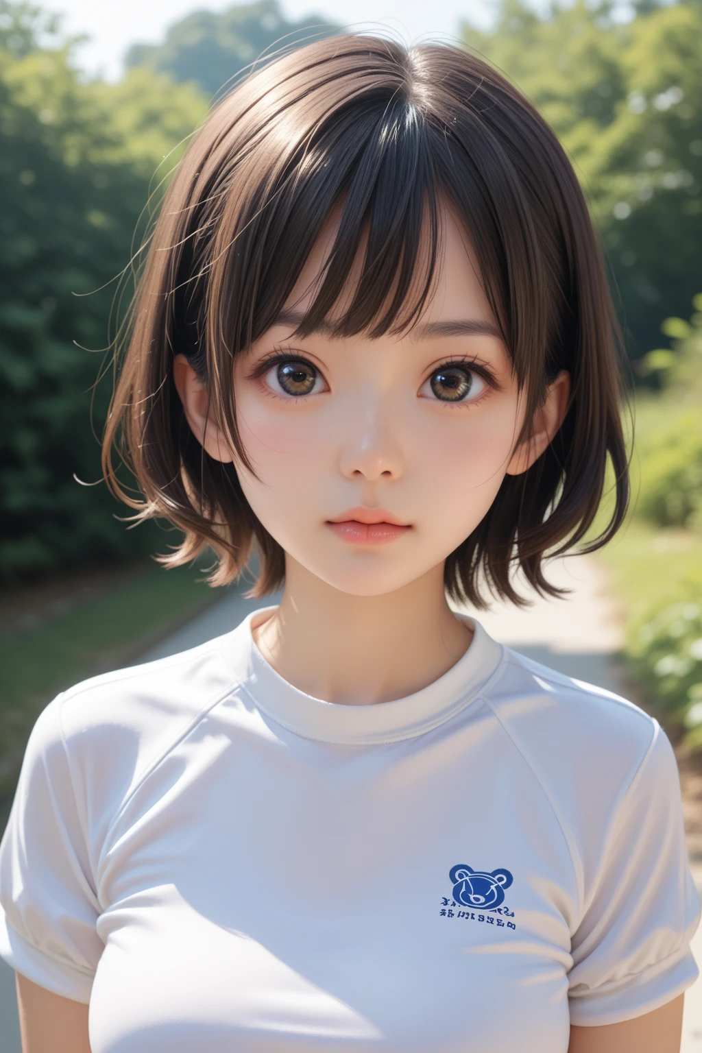 score_9,score_8_up,score_7_up,BREAK, rating_safe,source_real,one girl,tiny,oblong face,short face,narrow chin,detailed face,idol eyes,big eyes,short eyes,black eyes,buruma,gym  uniform,beautiful iris,japanese nose,small nose,small mouth,no make up,looking at viewer,medium breasts,cowboy shot,outdoors