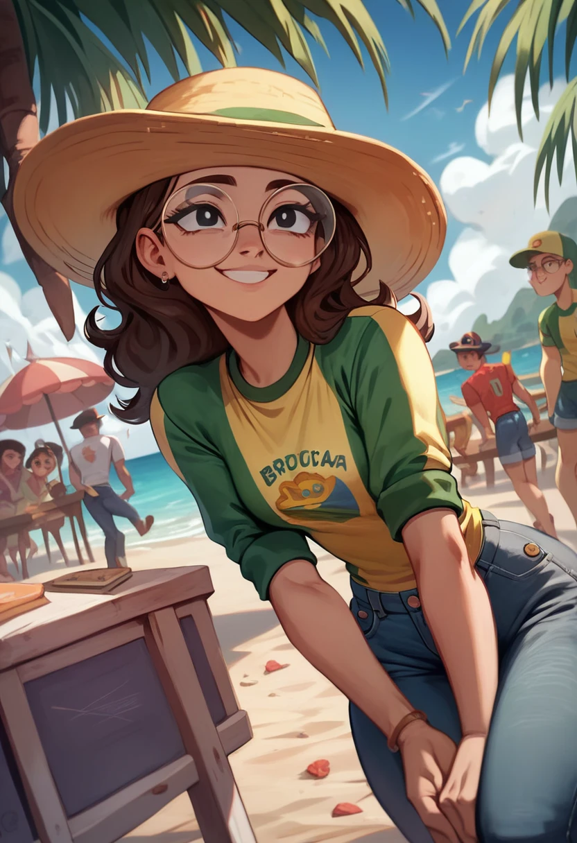 a sunny beach, lots of fun, beautiful girl, fair skin, smiling, brazil jersey, jeans, brazilian, brown hair, round glasses, black eyes, wearing a hat, (best quality,4k,8k,highres,masterpiece:1.2)