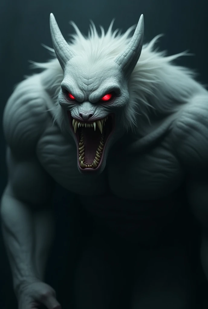 A werewolf with horns and sharp teeth, looking like a white male oni, in a dark and gloomy setting, with dim lights and little saturation, staring at the camera with bright and intense eyes, perhaps holding a mysterious object in his hand.  ] --auto --s2