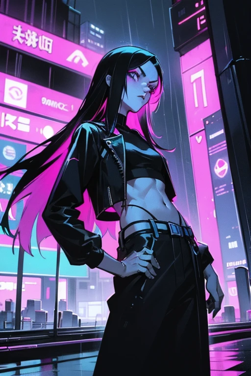 cyberpunk, night, european city, Rainy, neon, slender, boy, hacker, blue long hair, crop top, masterpiece, very beautiful