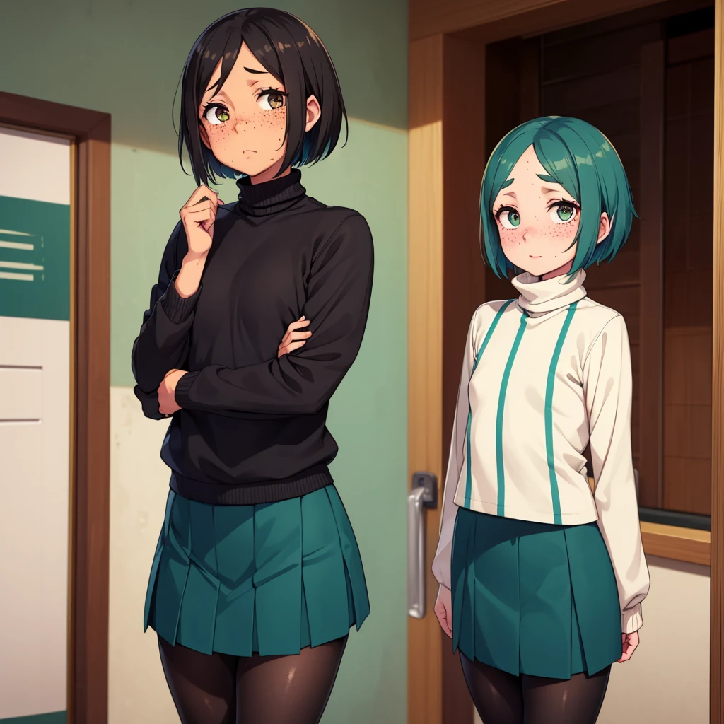  one skinny girl ,Brown Skin, Teal Eyelids,Freckles, flat chest, unkabby short hair , fukabuka dirty turtleneck knit, fukabuka black skirt ,Slightly saggy pantyhose ,