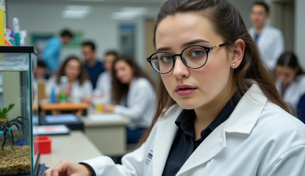 Hyperrealistic and detailed full-body Longford photo of a chubby girl in a science experiment room at the college, with nerd glasses , wearing a white lab coat, and several people in room , she's carrying out a science experiment on the , next to you is an aquarium with a blue spider inside it . perfect eyes, ( eye makeup :1.1), (detailed skin:1.1), (perfect large ), CRU, analog style, sharp focus, 8K UHD, dslr camera, high quality, Fujifilm XT3, grain, awarded, masterpiece.