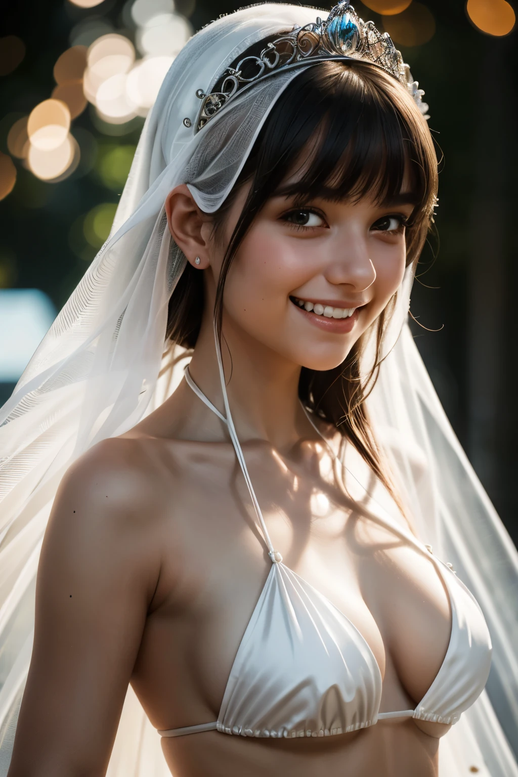 best quality, masterpiece, 1girl, grin, (silhouette lighting:1.1), (upper body:1.3), long hair with bangs, small breast, (white silk bikini:1.2), white short cape, tiara, face veil, hands down, dune at dusk, p3nn1r0