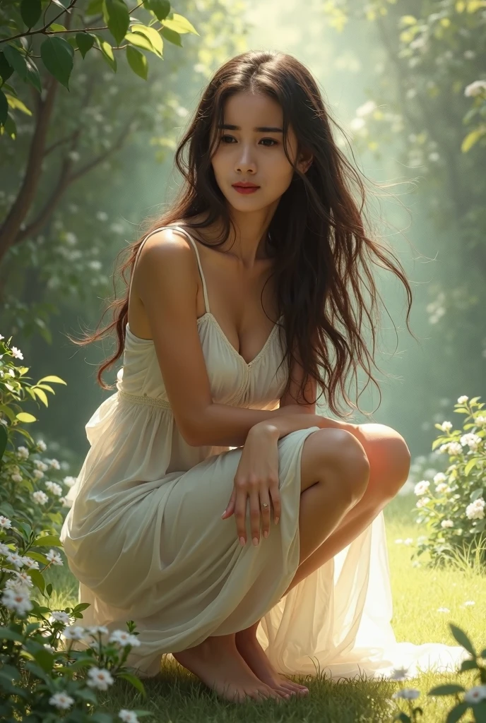 A stunningly lifelike photograph was expertly captured using the exceptional Sony α7 III camera, equipped with an 85mm lens set wide open at an impressive F 1.2 aperture. In this remarkable composition, a youthful and radiant woman is elegantly seated upon a rustic wooden bench, basking in the gentle embrace of the sun's radiant rays within a tranquil park setting.

The masterful use of a wide aperture skillfully blurs the background, bestowing an ethereal quality to the scene while centering our attention firmly on the captivating subject. The park itself is a verdant oasis, teeming with luxuriant foliage and vibrant, blossoming flowers, imbuing the atmosphere with a sense of serenity and natural beauty.

Soft, dappled sunlight cascades tenderly upon the subject's countenance and cascading locks, creating an almost surreal, dreamlike luminance. Every delicate contour and nuance of her features is revealed, bathed in the soft, golden hues of the sun's gentle touch.