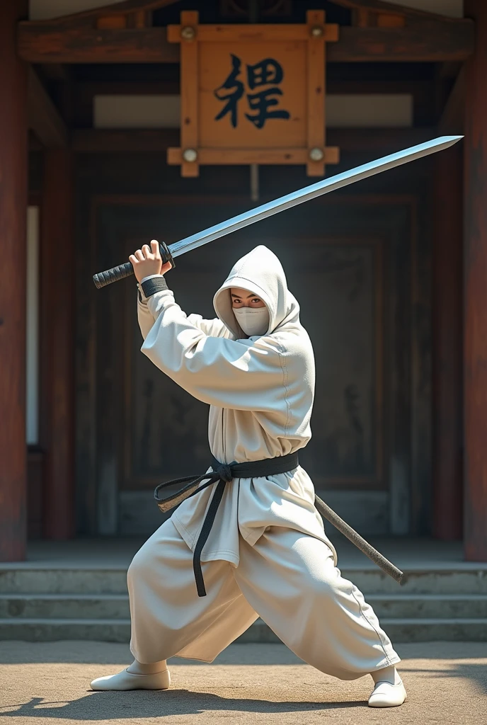  image of a white ninja in combat position wielding a beautiful and perfect katana in his hands above his head,  the katana has a polished blade and reflects everything around , The tip of the katana the forward tip , Inside a Japanese hall ,  behind it there is a sign with the word  "Love" In Japanese carved from pure wood ,  realistic image ,  as realistic as possible,  detailed image, 8k, award-winning work