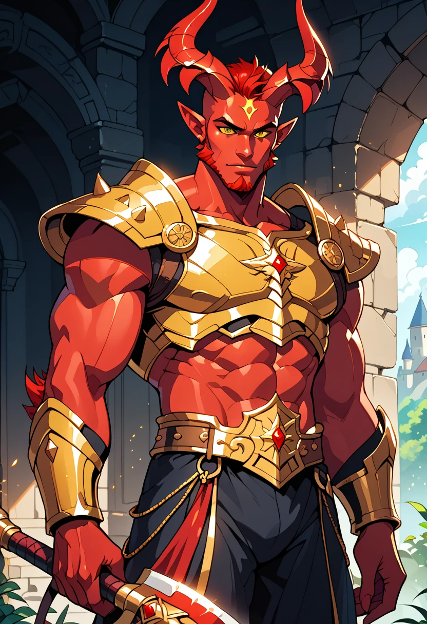 Appearance: Aronax is a tall, muscular demon with red skin and curved horns protruding from his head. He has glowing yellow eyes and a short, thick beard. He wears shiny golden armor and carries a large axe that gleams in the sunlight. 8k HD