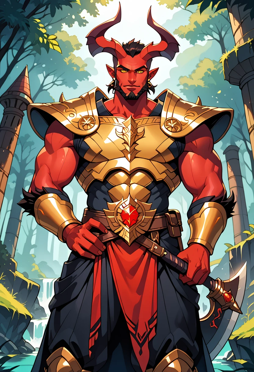 Appearance: Aronax is a tall, muscular demon with red skin and curved horns protruding from his head. He has glowing yellow eyes and a short, thick beard. He wears shiny golden armor and carries a large axe that gleams in the sunlight. 8k HD