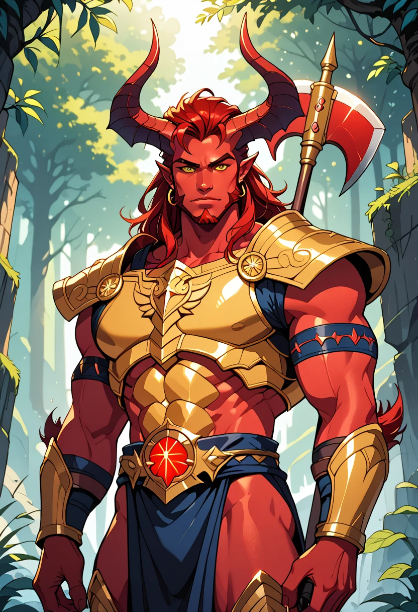 Appearance: Aronax is a tall, muscular demon with red skin and curved horns protruding from his head. He has glowing yellow eyes and a short, thick beard. He wears shiny golden armor and carries a large axe that gleams in the sunlight. 8k HD