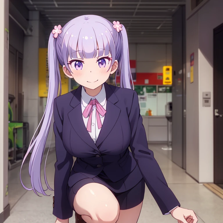 best quality, masterpiece, highres, solo, {suzukaze_aoba_newgame:1.15}, purple_hair, long_hair, twintails, purple_eyes, hair_ornament, flower, hair_flower, blush, ribbon, bangs, neck_ribbon, 1girl, formal, suit, head_out_of_frame, closed_mouth, pink_ribbon, holding, smile, huge breast, thick legs