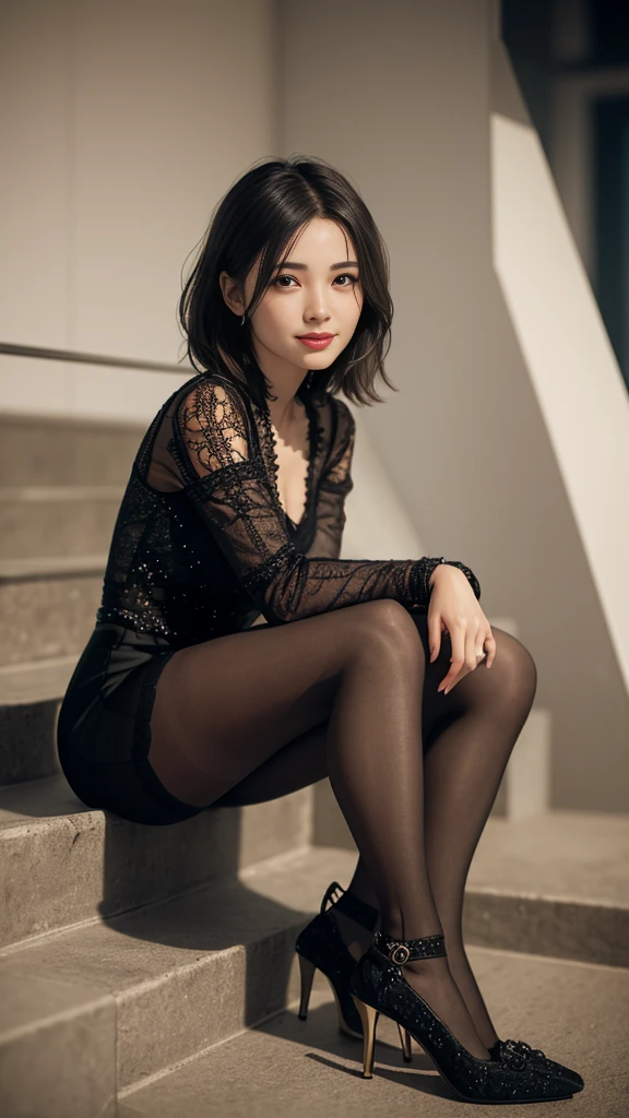 8K RAW Photos、High resolution、17 year old daughter、layered hair、Formal shirts、formal skirt、smile、long eyelashes、beautiful double eyelids、eye shadow、beautiful and thin legs、(super realistic pantyhose:1.3)、short hair、In front of the station at night、stairs at night、squat、Please sit down、Luxury High Heels、(intricate details:1.4),(realistic:1.4),octane rendering, Super detailed complex 3D rendering, soft light in the studio, rim light, vivid details, Super detailed, realistic skin texture, Surface details, Beautiful eyes in every detail, Highly detailed CG Unity 8K wallpaper, compensate, (detailed background:1.2),