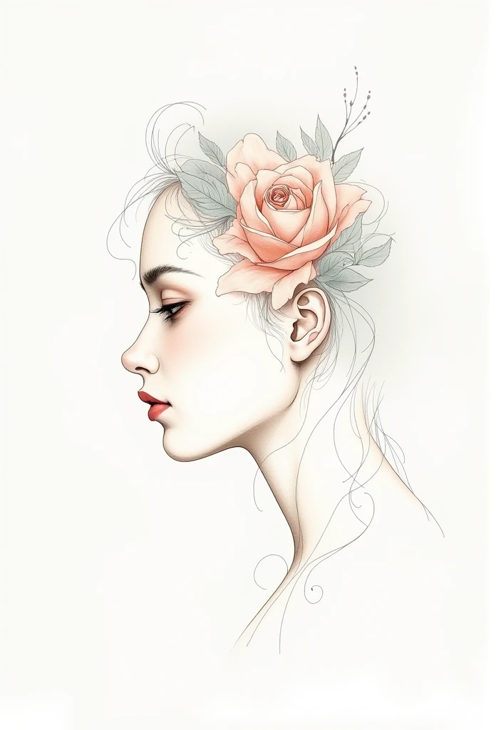 half of a feminine face in a thin stroke without many details, with flowers in their hair in pastel colors, delicate picture, white background,wongflux