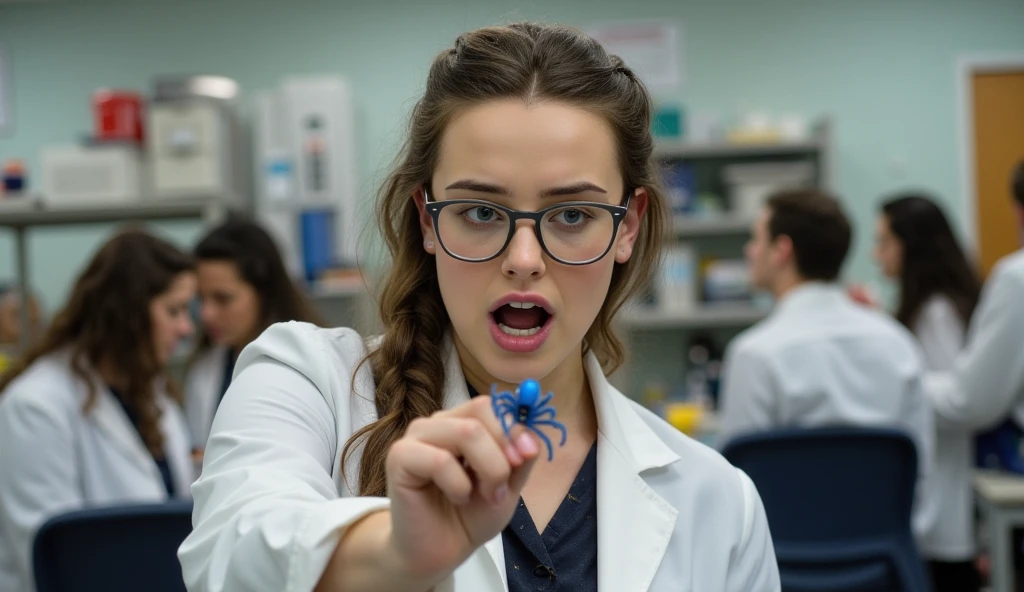  Hyperrealistic and detailed full-body Longford photo in a college science experiment room, with nerd glasses , wearing a white lab coat,  and several people in room , she's being stung on her hand by a big blue spider and she's screaming  .  perfect eyes, ( eye makeup  :1.1), (detailed skin:1.1), (perfect large ), CRU, analog style, sharp focus, 8K UHD, dslr camera,  high quality, Fujifilm XT3, grain, awarded, masterpiece.