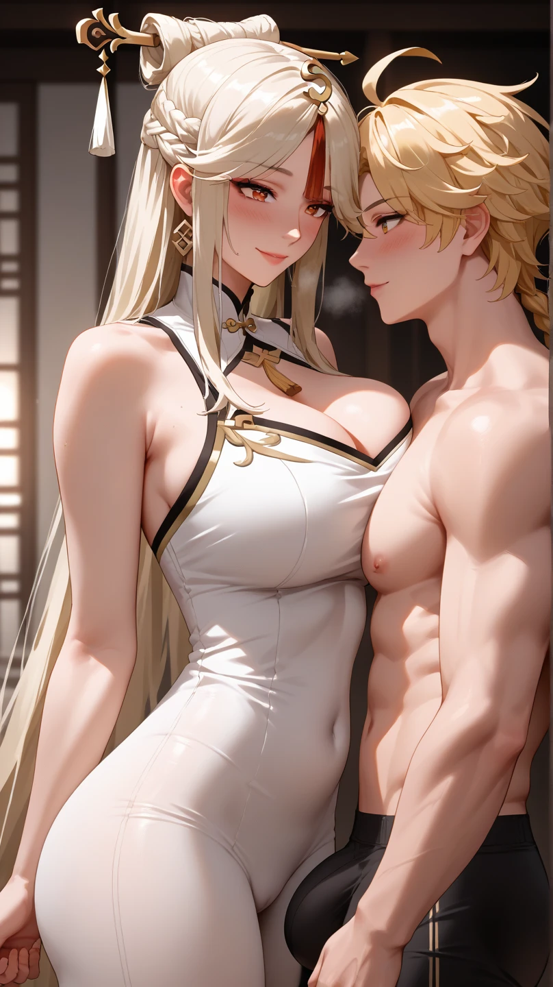 
absurd, (absurd resolution)), masterpiece, best quality, (Extremely detailed 8k unity CG wallpaper), (best illustration), (best shadow), Realistic lighting, beautiful, face detail, beautiful face, Anime, 1boy 1girl, (ningguang, massive natural voluptuous breasts, bulging cleavage, slender waist, wide hips, perfect ass, seductive smile, blushing,), (aether \(genshin impact\), blonde, single braid, lightly toned male, giga chad, light skinned male, large penis bulge), anatomically correct, romantic,
