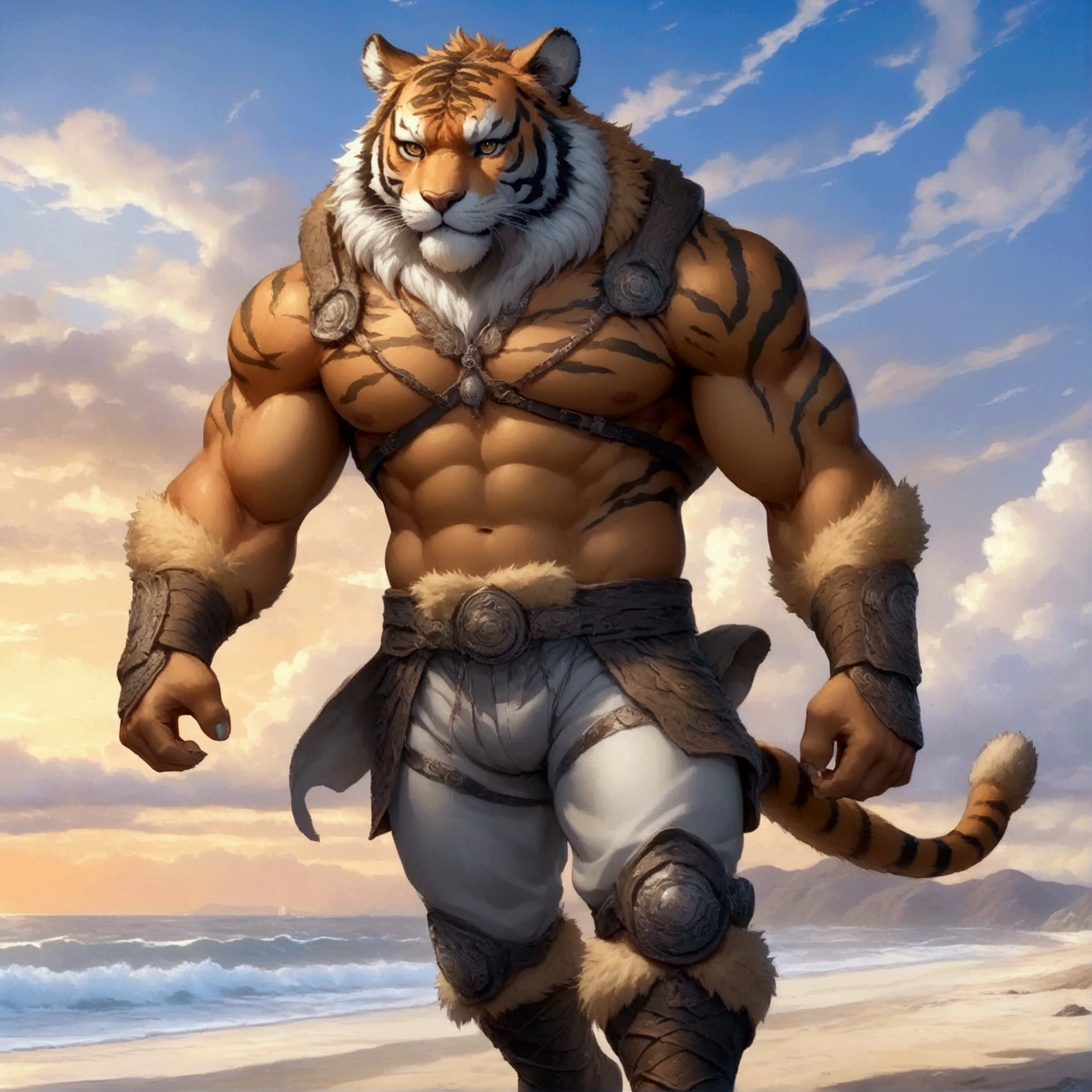 character focus, full body, looking away, dynamic angle, european fantasy, a middle-aged tiger man, heroic costume clothes, jacket, shirt, pants, dynamic pose, BREAK complete anatomy, perfect proportions, beautiful thigh gap, fluffy body, intricate fur details, beautiful fur texture, BREAK a detailed tiger 1tail, detailed boots, detailed foot, detailed hands, 5fingers, 5fingers nails, BREAK aesthetic anime face, insanity detailed face, male face, big face, square jawline, aesthetic anime eyes, detailed brown eyes, detailed brown cornea, detailed dark brown irises, detailed pupils, male eyes, big eyes, male eyebrows, innocent look, beautiful beard, BREAK full body in Michelangelo Buonarroti style, digital illustration anime, housamo style, detailed painting landscape, beach, path, outdoor, full color, HDR, BREAK masterpiece, official art, best quality, very aesthetic, absurdres, super fine illustration, great quality, BREAK noise reduction, very highres, large filesize, high quality, 32K, 8k wallpaper, dynamic lighting, BREAK insanity detailed, ultra detailed, intricate details, extremely detailed, detailed texture, an extremely delicate and beautiful, BREAK osukemo, e621 illustration, kemohomo, anthropomorphic, furry, cartoon, harmonious body, pastoral face, virtuous eyes, epic atmosphere