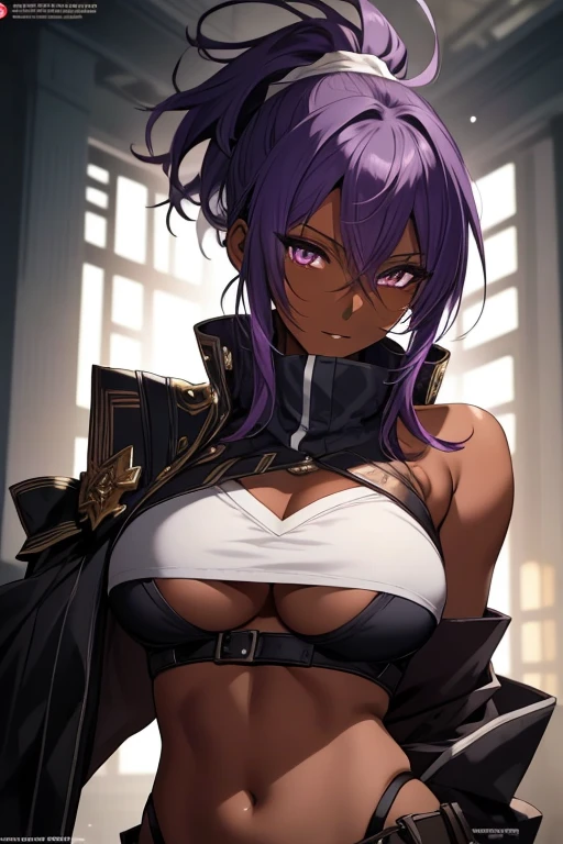 (masterpiece, best quality),  intricate details, 8k, artstation, wallpaper, official art, splash art, sharp focus,
1girl,  solo, shihouin yoruichi, purple hair, (dark skin, dark-skinned female:1.2), ponytail, 
 cropped-fc,  underboob,