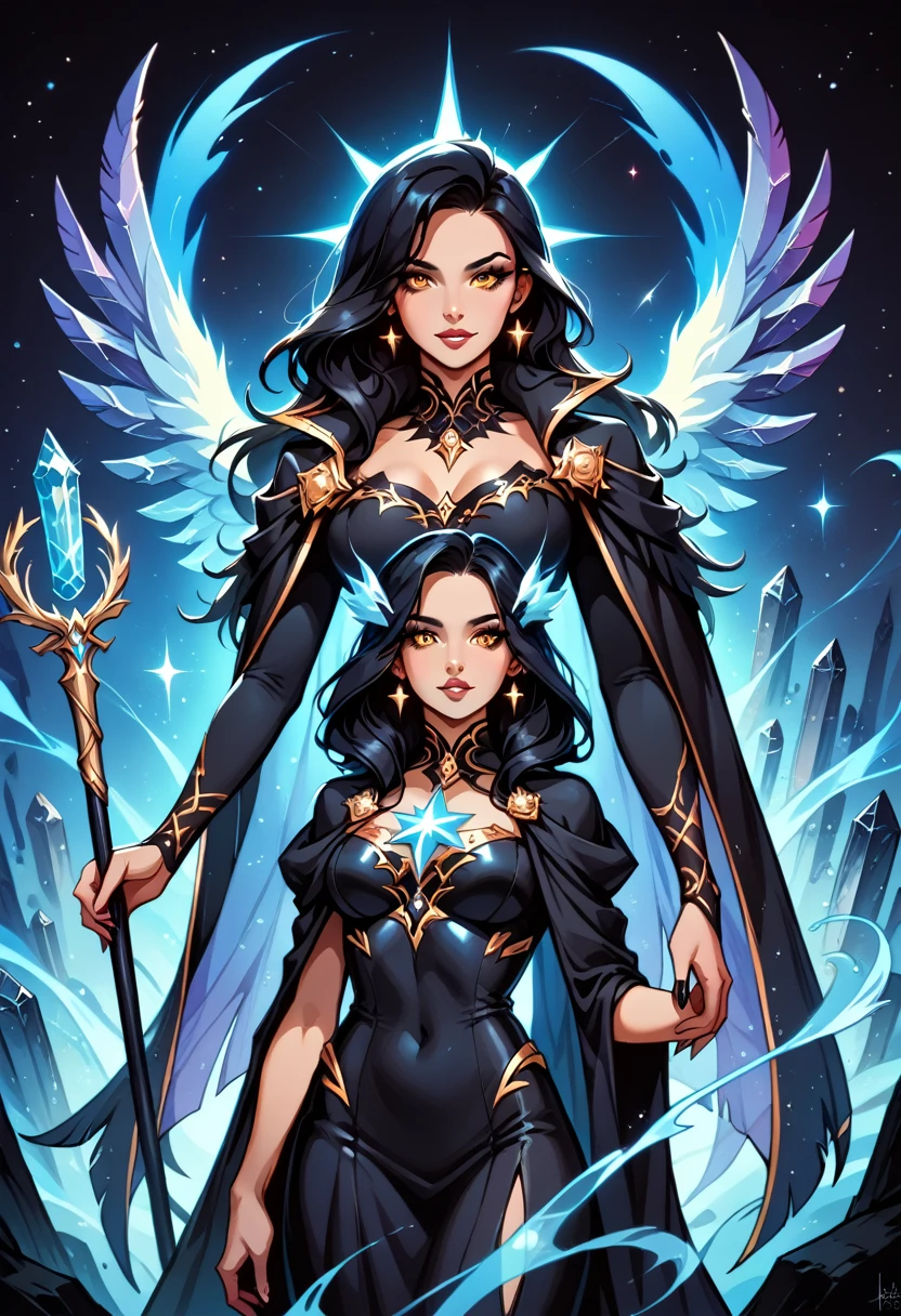 Appearance: Estrellar has an elegant and distinguished appearance, with long black hair and bright golden eyes. She has black hawk wings that allow her to fly, and a long, black dress that resembles a star cloak. She carries a crystal staff that emanates cosmic energy, 8k high definition