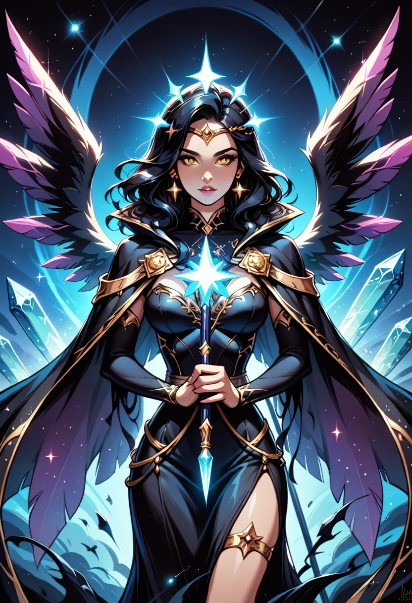 Appearance: Estrellar has an elegant and distinguished appearance, with long black hair and bright golden eyes. She has black hawk wings that allow her to fly, and a long, black dress that resembles a star cloak. She carries a crystal staff that emanates cosmic energy, 8k high definition