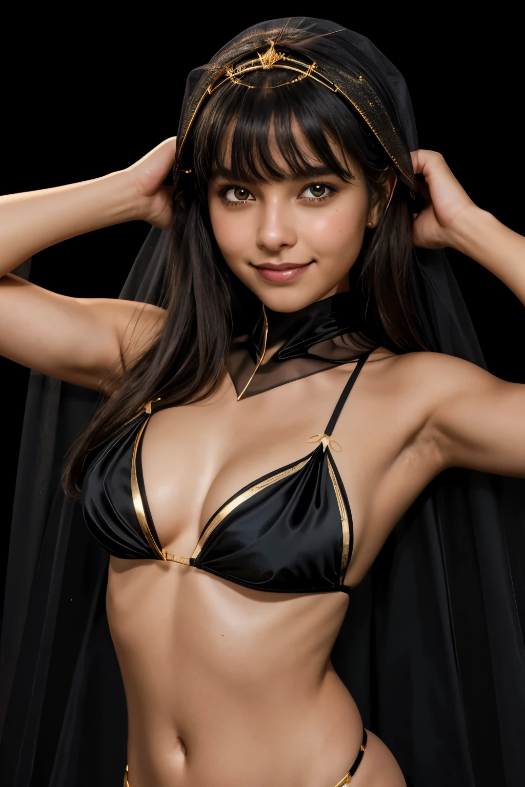 best quality, masterpiece, 1girl, grin, (silhouette lighting:1.1), (upper body:1.3), long hair with bangs, small breast, (black silk bikini with gold accents:1.2), black short cape, tiara, face veil, hands down, dune at dusk, p3nn1r0