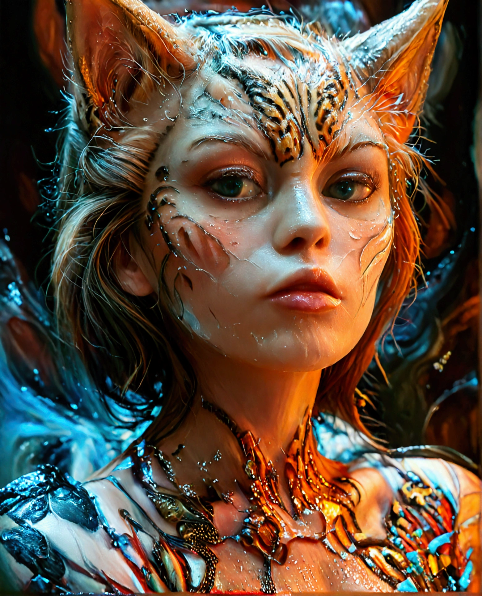 A fantasy woman-cat hybrid, large female buttocks, female breasts, four paws, fur, cat-like face with human features, (best quality,4k,8k,highres,masterpiece:1.2),ultra-detailed,(realistic,photorealistic,photo-realistic:1.37),fantasy art,highly detailed face, detailed anatomy, detailed texture, intricate details, dramatic lighting, cinematic composition, dynamic pose, vibrant colors, oil painting style, playful look