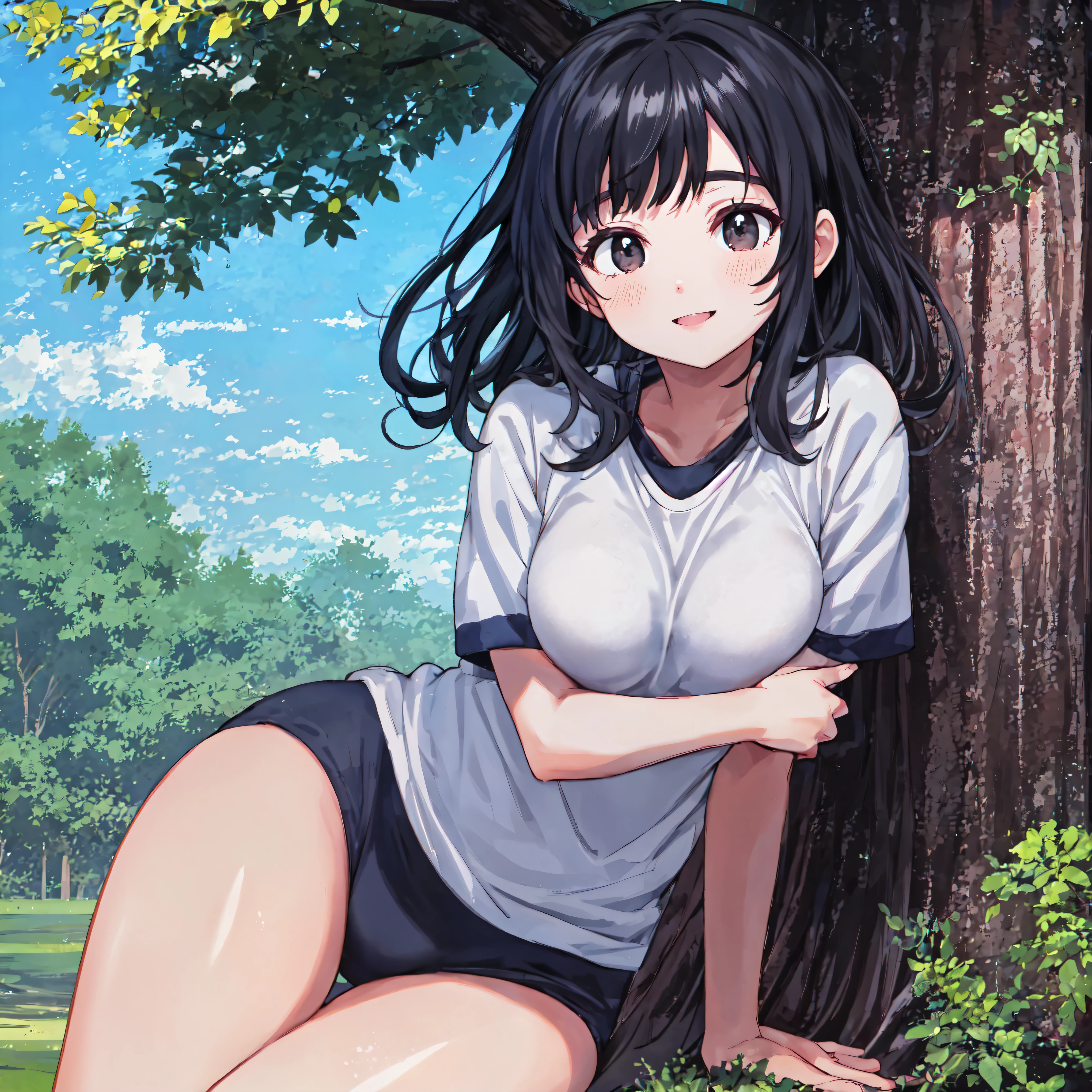 God Quality, ANIMEMOA ART STYLE , perfect anatomy , high quality skin,perfect shading,(from front),{{butt focus}},A gentle smile,Bloomers,Gym clothes,breast focus,{{beautiful middle -sized breasts1:4}},beautiful black eyes,smile,gym uniform,buruma,slant eyes,{{natural curl black hair}},sitting on a tree,looking at another