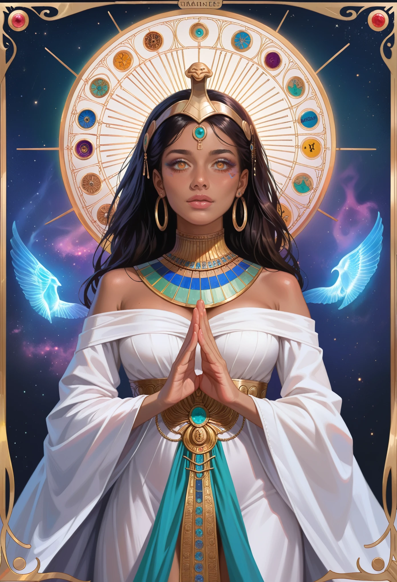 a beautiful goddess isis, egyptian goddess, alphonse mucha style, detailed crown, queenie gesture, ornate headdress, flowing robes, golden skin, piercing eyes, intricate details, ethereal lighting, dreamlike atmosphere, vibrant colors, dramatic pose, masterpiece, 8k, ultra-detailed, photorealistic, cinematic, glowing aura, art deco shaman, tarot card art, tarot design, symmetrical tarot illustration, Tarot card style of , celestial light, stars, wide sea, starry sky, (cute :1.1),(dynamic pose:1.1), thigh , 1girl, marina, dark skin, dark-skinned female,, promotional_art, best_quality