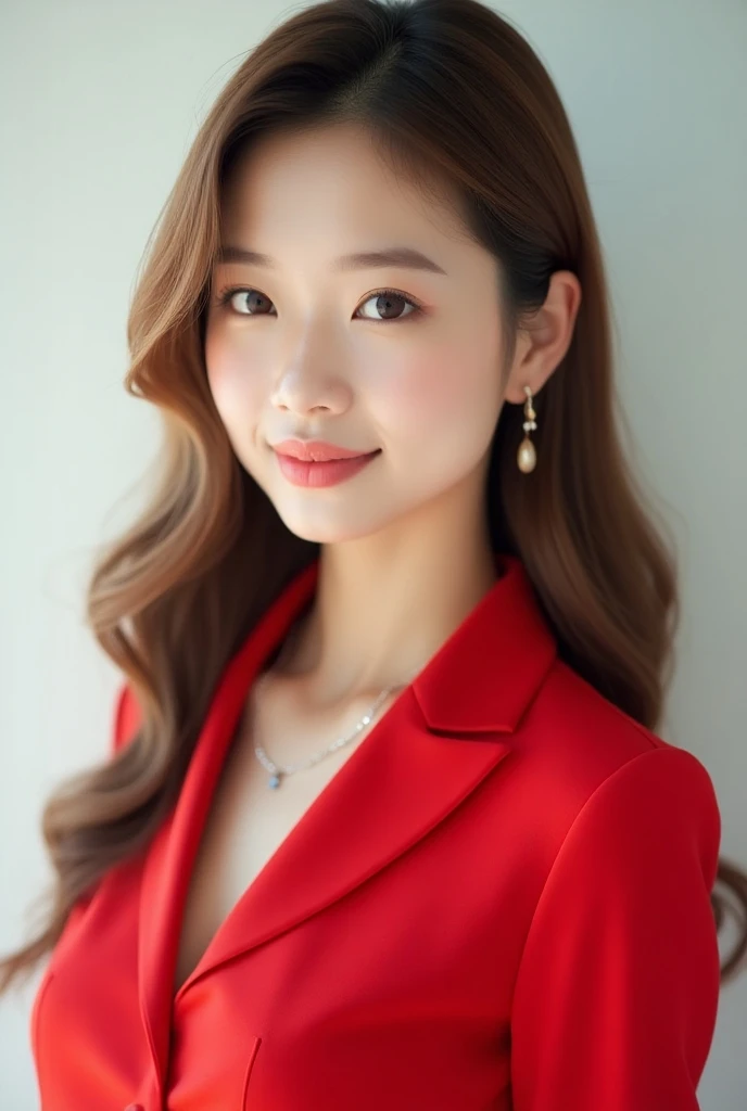 One Girl, (Wearing a red suit:1.2), (RAW Photos, highest quality), (Realistic, Realistic:1.4), Tabletop, Very delicate and beautiful, Very detailed, 2k wallpaper, wonderful, In detail, Very detailedな CG Unity 8K 壁紙, Very detailedな, High resolution, Soft Light, Beautiful detailed girl, Looking into the camera、Very detailedな目と顔, Beautiful and sophisticated nose, Beautiful details, Long Hair, small, Red dress、White Background、Background is white、Cinema Lighting, Perfect Anatomy, Slender body, smile,