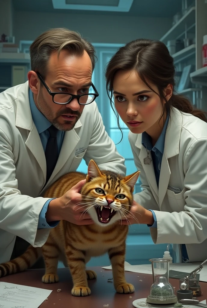 a brunette haired european girl inside a anthro cheetah costume. A second blond woman in a white lab coat glues a cheetah costume to the first womans skin. Transformation.