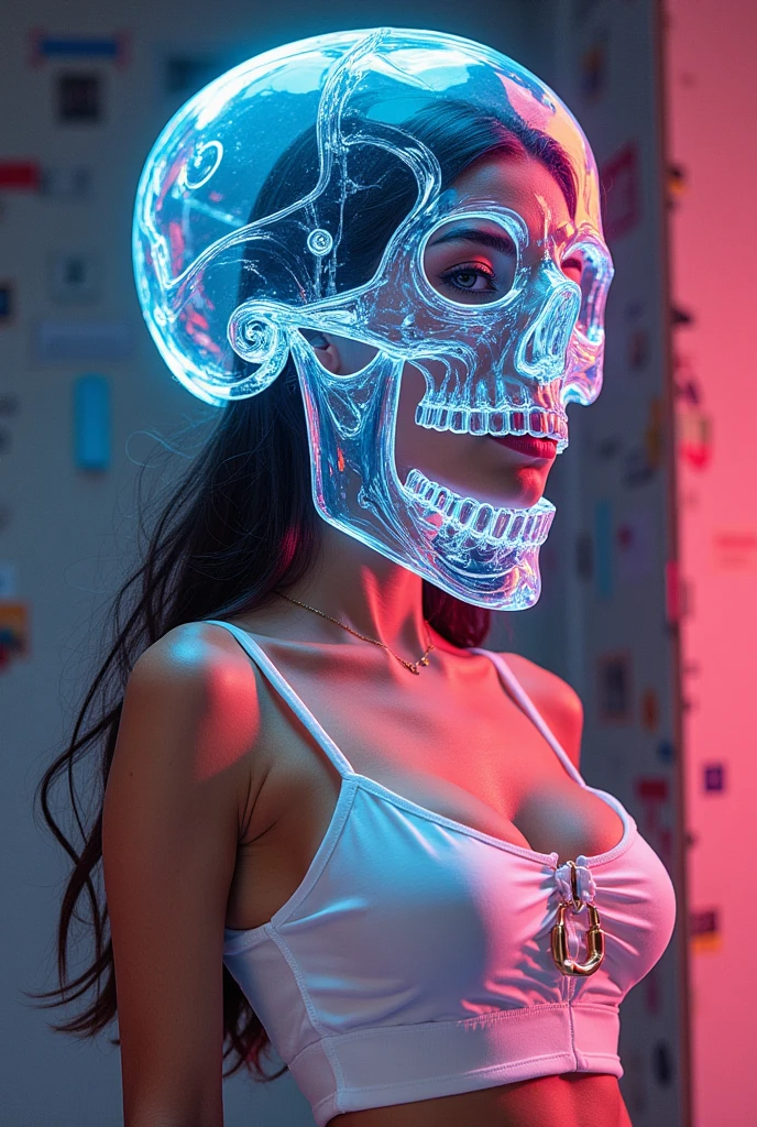 GGGJAAA,figure costume in the shape of neon skull glass, woman， short camisole，White，，， colored pencil drawing ，sketch ，Comic Collage