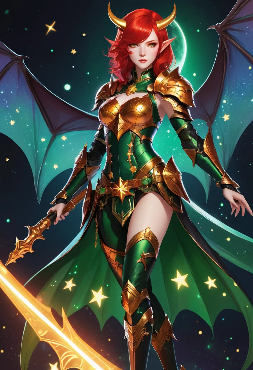 Appearance: Astryd is a demon lord with bright red hair that cascades down to her waist, her eyes are bright green, and her skin is orange with small glowing stars. She has bat wings shaped like stars on her back and wears golden armor with star-shaped details, 8k high definition